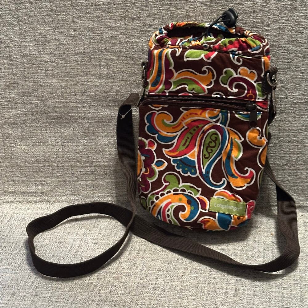 Longaberger Floral Water Bottle Holder Crossbody Bag Blue Brown Adjustable Strap